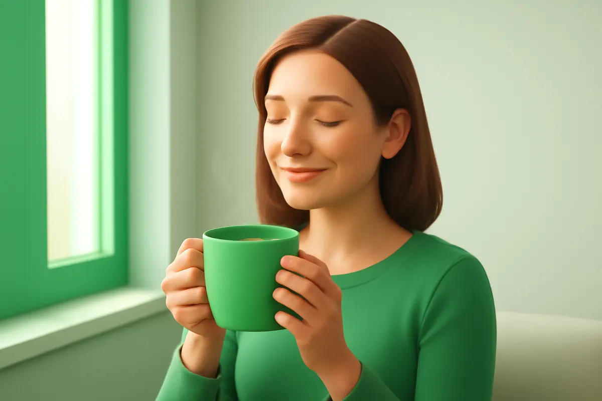 mulher sorrindo bebendo chá verde em xícara com ervas ao lado