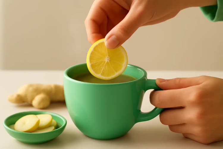 mulher preparando chá de gengibre com limão em xícara