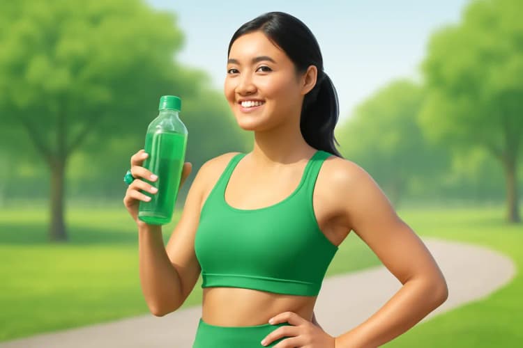 mulher com roupa de ginástica bebendo chá verde após treino