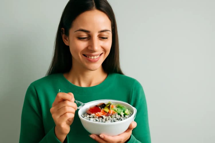 Mulher sorrindo com uma tigela de iogurte com frutas e chia, plano médio