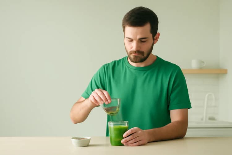 Homem adicionando chia a um smoothie em um copo, cena ampla