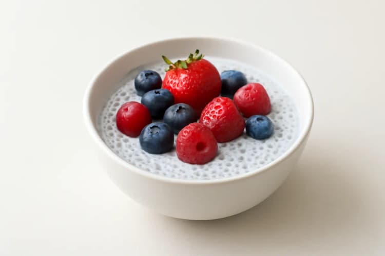 Tigela de pudim de chia com frutas vermelhas, detalhe