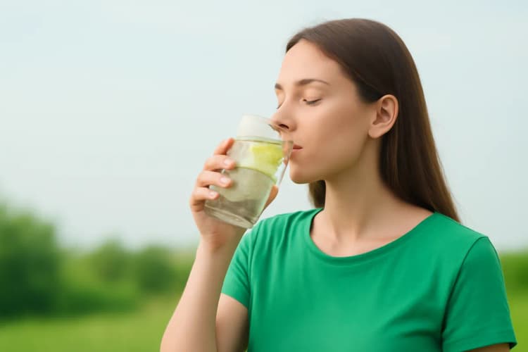 Mulher bebendo água com limão e chia, plano médio