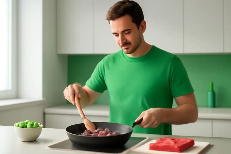 homem cozinhando carne magra em frigideira com vapor