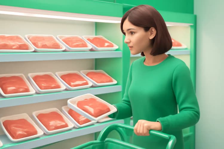 mulher escolhendo cortes de carne magra no supermercado