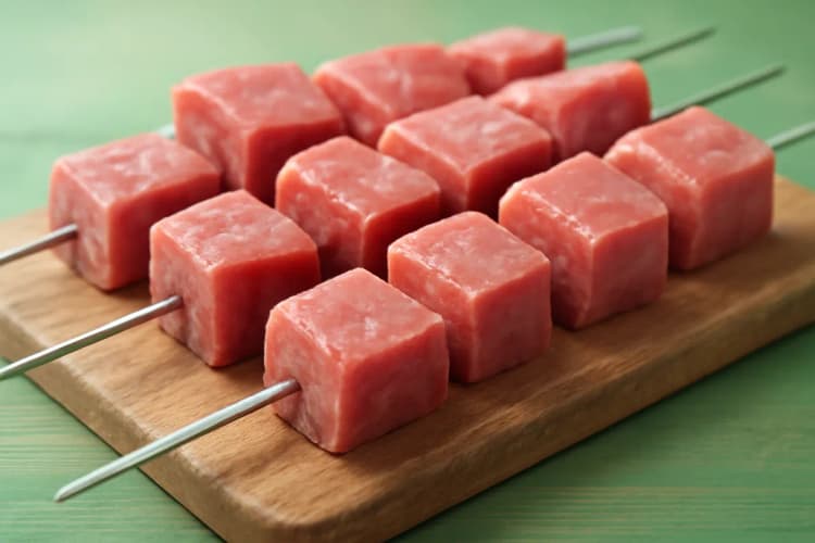 cubos de carne magra sendo preparados para grelhar