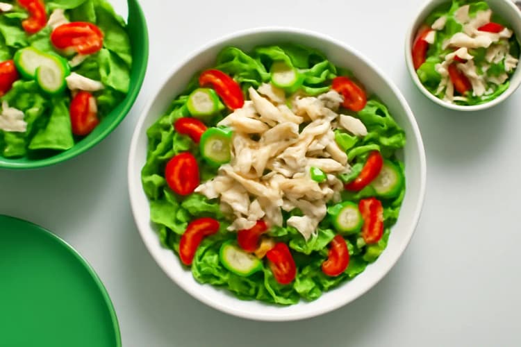 salada com frango desfiado e legumes frescos