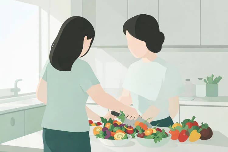 Mulher em plano médio, de costas, preparando uma salada colorida com legumes frescos em uma cozinha com luz natural vinda da esquerda e em um momento de preparo.