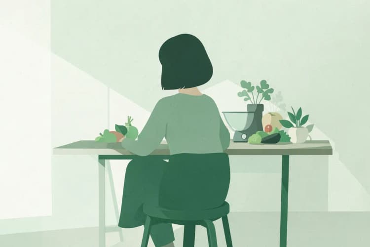 Mulher em plano médio, de costas, sentada em uma cadeira em frente a uma mesa com uma balança e legumes, com luz natural vinda da esquerda e em um momento de reflexão.