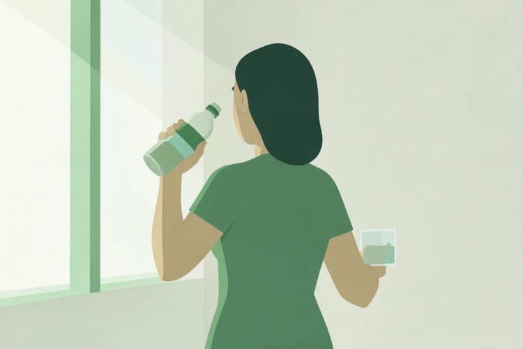 Mulher em plano médio, de costas, em frente a uma janela com luz natural vinda da esquerda, com uma garrafa de água e um copo na mão, em um momento de hidratação.