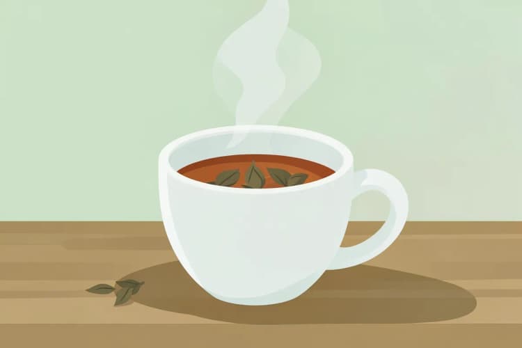 Close-up de uma xícara de chá fumegante com folhas de chá ao lado, sobre uma superfície de madeira com luz natural vinda da esquerda e em um momento de infusão.