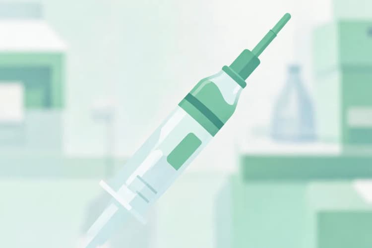 Seringa com líquido transparente em close-up, com fundo desfocado de consultório médico.