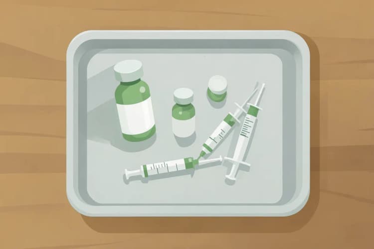 Frascos de medicamentos e seringas em uma bandeja de metal sobre uma mesa de madeira.