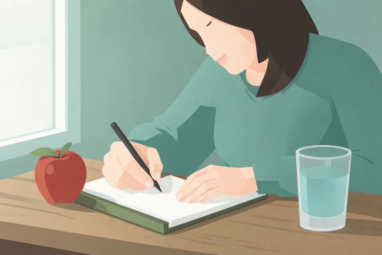 Mulher anotando em um caderno com uma caneta ao lado de uma maçã e um copo de água.