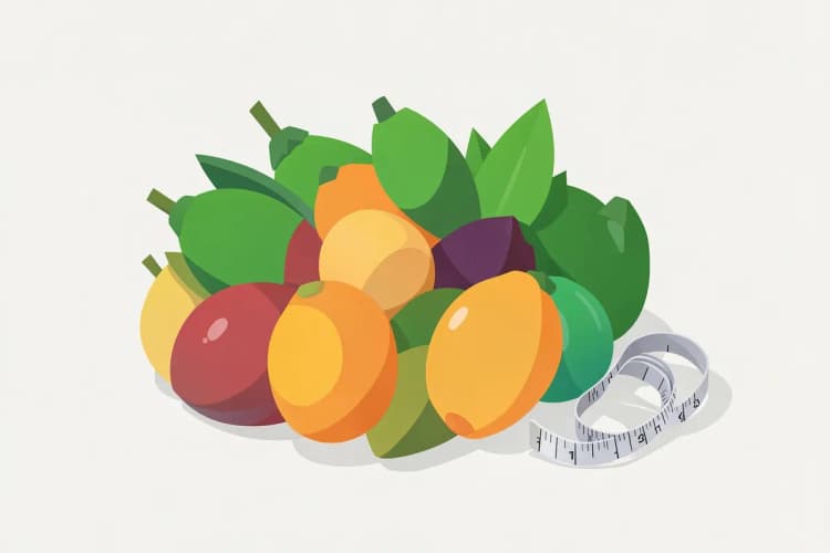 Pilha de frutas frescas e vegetais verdes com uma fita métrica enrolada ao lado.