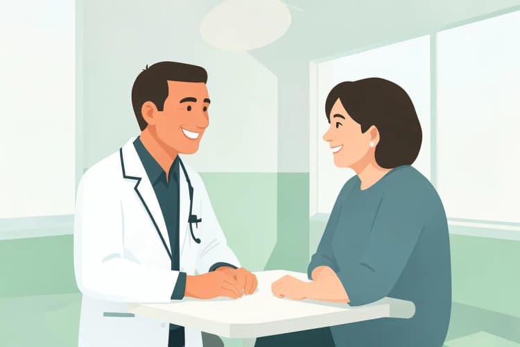 Médico conversando com paciente em um consultório, ambos sorrindo.