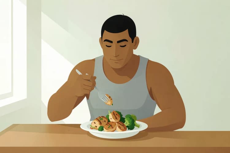 Homem musculoso comendo frango grelhado e brócolis, em close-up.