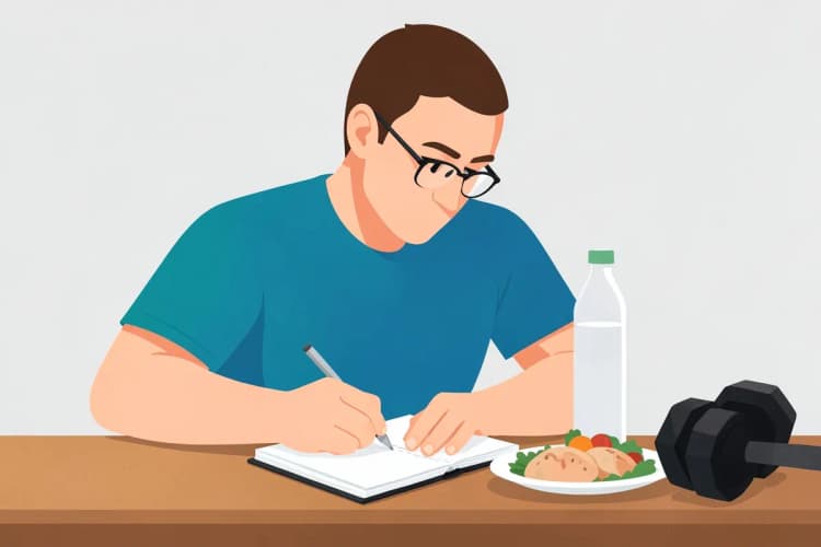 Homem planejando dieta em caderno com alimentos ao lado.