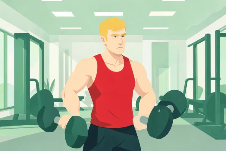Homem levantando halteres em academia, em plano médio.