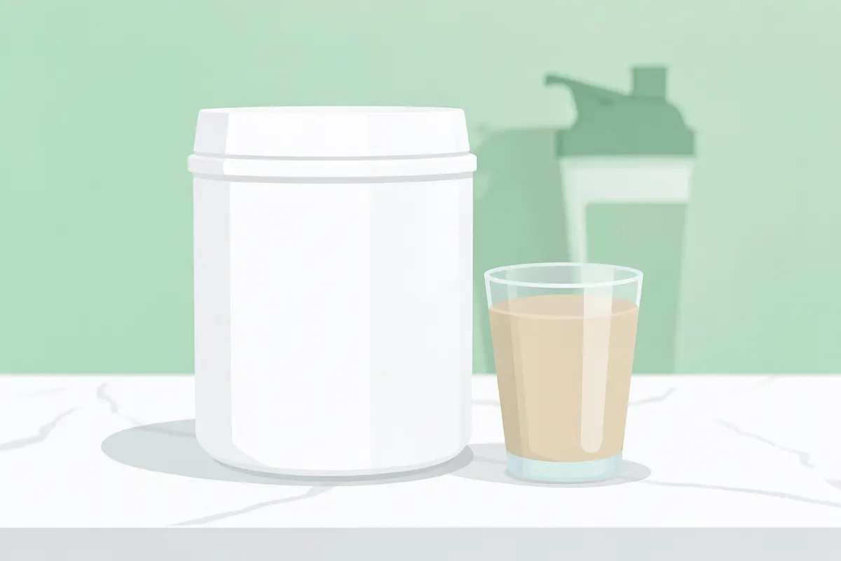 Pote de suplemento de proteína ao lado de um copo com shake.