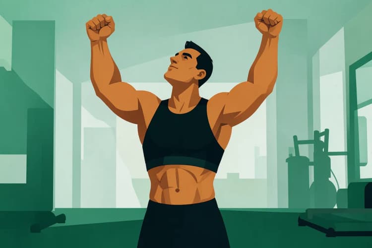 Homem comemorando ganho de massa muscular com braços erguidos.