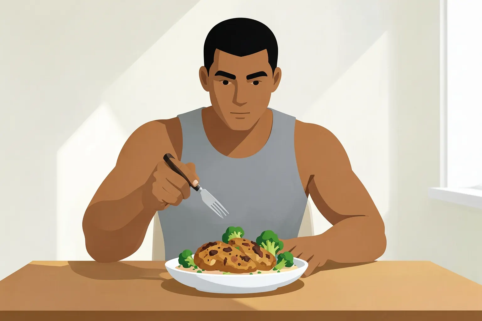 Homem musculoso comendo frango grelhado e brócolis, em close-up.