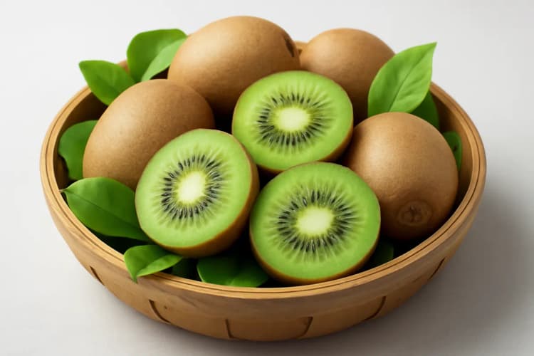 cesta de kiwis inteiros e fatiados com folhas verdes