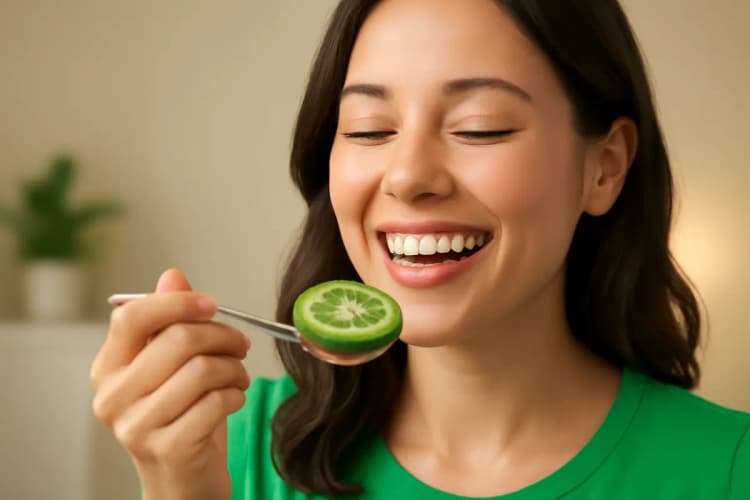 mulher sorrindo comendo kiwi em plano médio