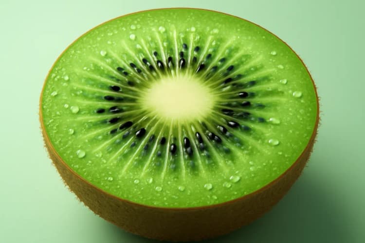 kiwi fatiado em close-up com gotas de água simulando frescor