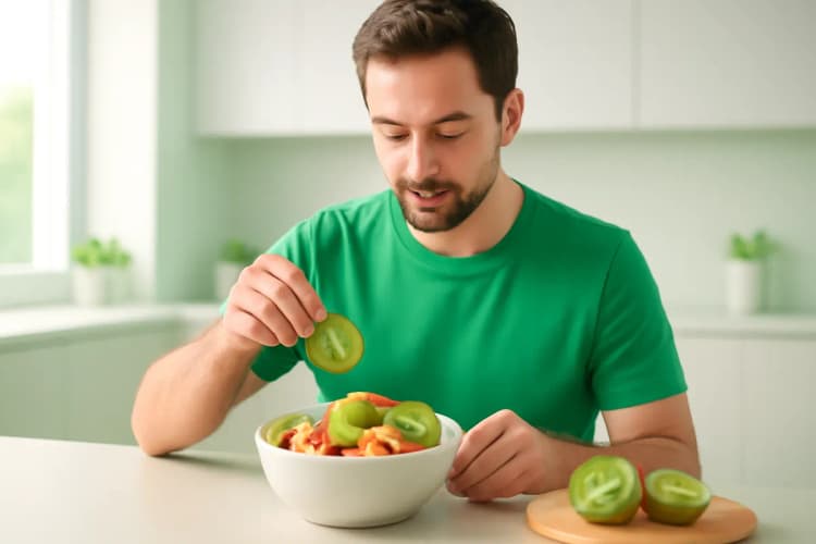 homem em plano médio preparando salada de frutas com kiwi