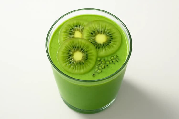 vista aérea de um smoothie verde vibrante com pedaços de kiwi e sementes de chia