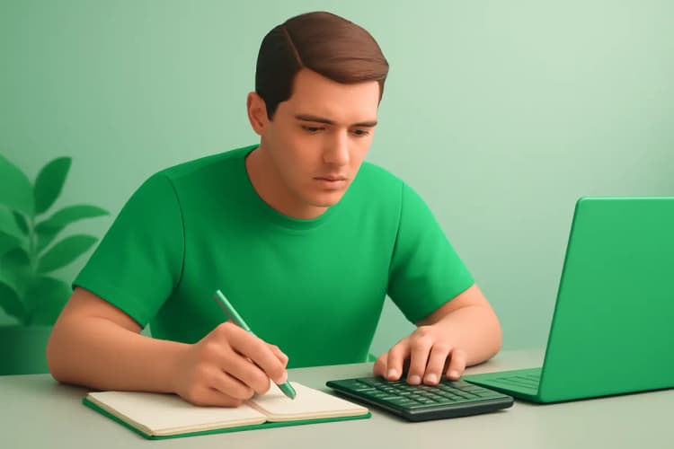 homem calculando calorias em calculadora com anotações