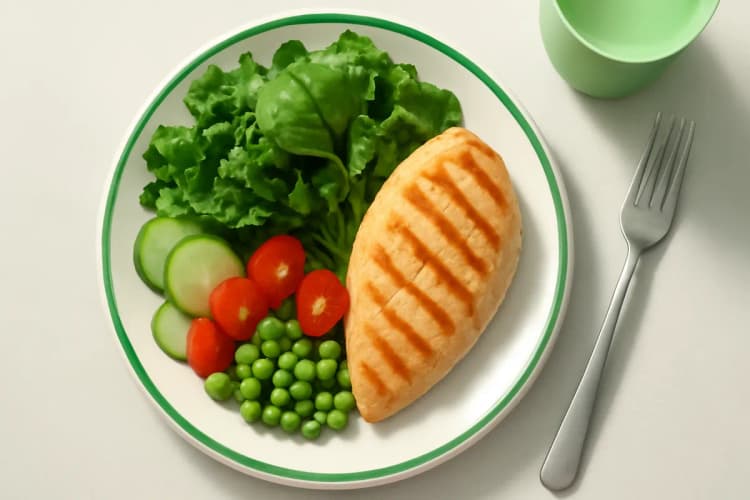 prato com salada colorida e frango grelhado, representando dieta com déficit calórico