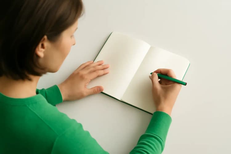 mulher calculando calorias em um caderno