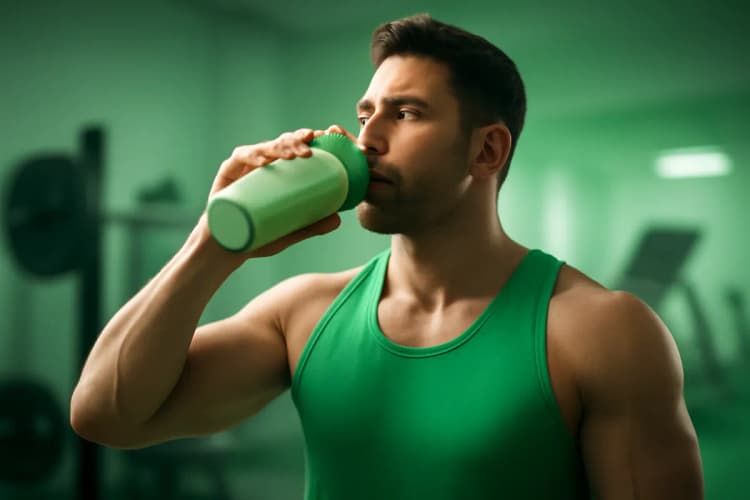 Homem musculoso bebendo um shake de whey protein após o treino
