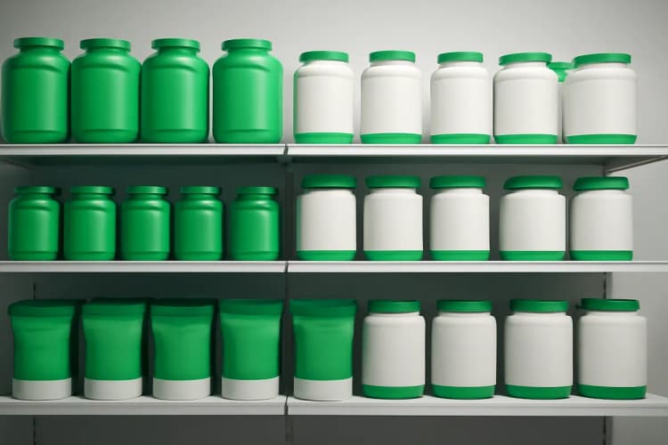 Diversas embalagens de whey protein em pó de diferentes marcas em uma prateleira